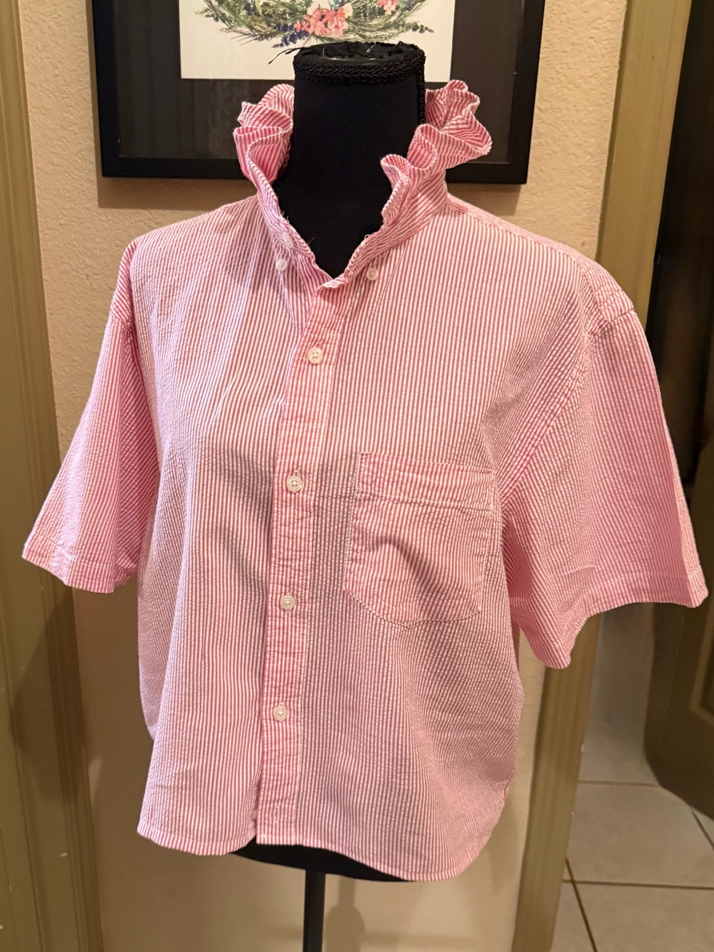 Upcycled Seersucker Striped Short-Sleeve Button-Up Shirt